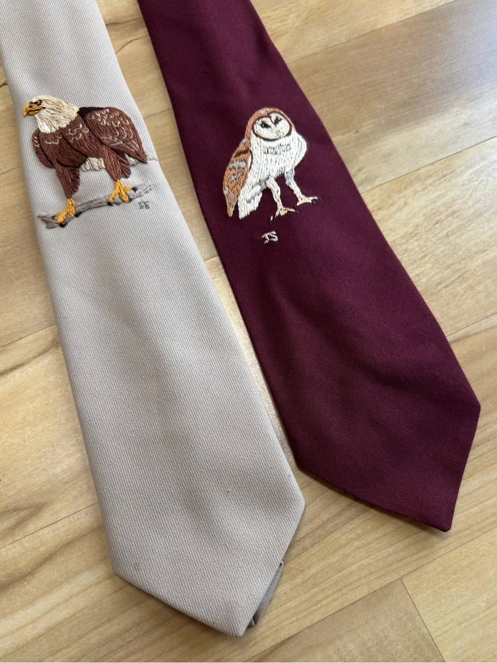 Vintage Bald Eagle & Barn Owl Neckties - hand embroidered OOAK - Picture 3 of 7